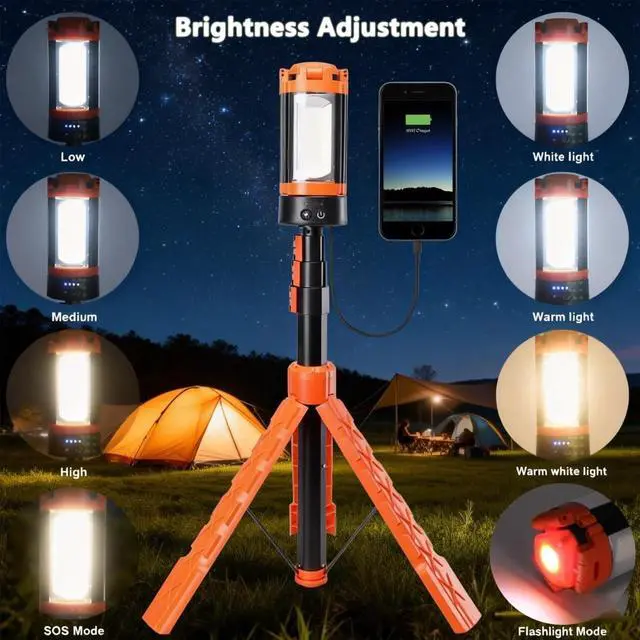 Alt view image 5 of 7 - Rechargeable LED Camping Light with Adjustable Tripod Stand, 2500 Lumens Portable Work Lighting with 5 Modes for Emergency Hiking Power Outages