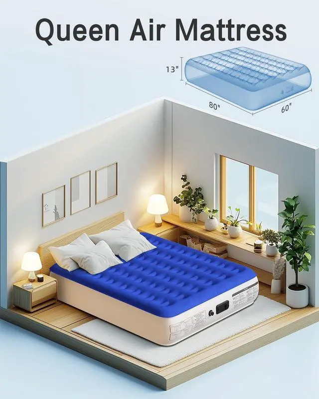 Alt view image 5 of 7 - Queen Air Mattress with Built-in Pump, 13" Raised Inflatable Airbed 2 Mins Fast Inflate/Deflate, 660 Lbs Max Capacity for Home and Guests