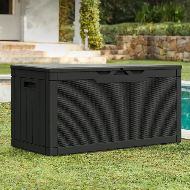 Alt view image 2 of 6 - 100 Gallon Resin Patio Storage Box for Garden Tools Outdoor Furniture Cushions Pool Supplies Black