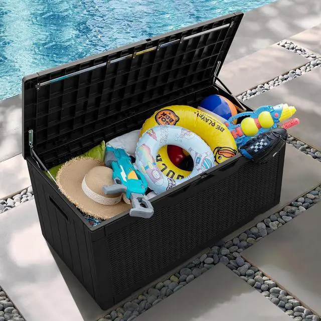 Alt view image 4 of 6 - 100 Gallon Resin Patio Storage Box for Garden Tools Outdoor Furniture Cushions Pool Supplies Black