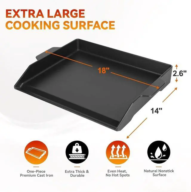 Alt view image 2 of 6 - 18" x 14" Nonstick Cast Iron Griddle with Spatula Set, Universal Flat Top Plate for Gas Charcoal Electric Grills and Stovetops
