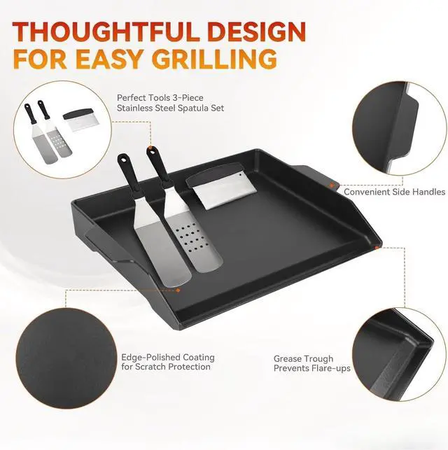 Alt view image 3 of 6 - 18" x 14" Nonstick Cast Iron Griddle with Spatula Set, Universal Flat Top Plate for Gas Charcoal Electric Grills and Stovetops