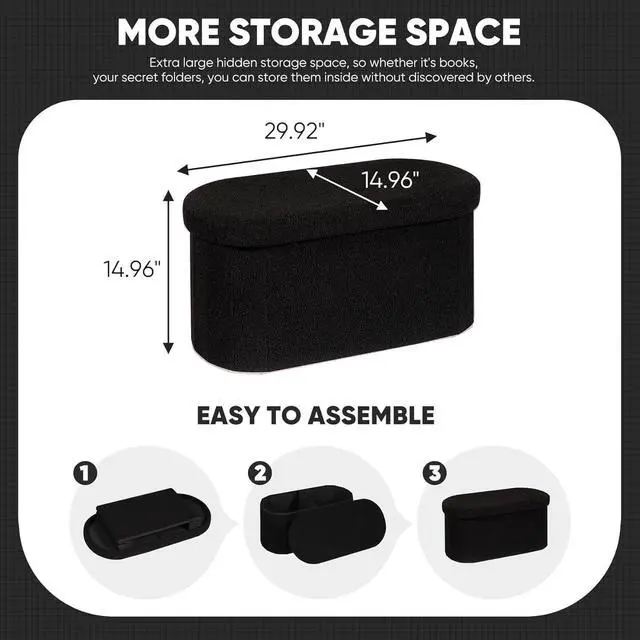 Alt view image 2 of 7 - 30 Inch Sherpa Folding Storage Ottoman Bench, 350LBS Load Capacity Collapsible Foot Rest Stool with 80L Storage Space and Removable Divider, Modern Soft Fabric Bedroom Entryway Furniture, Black