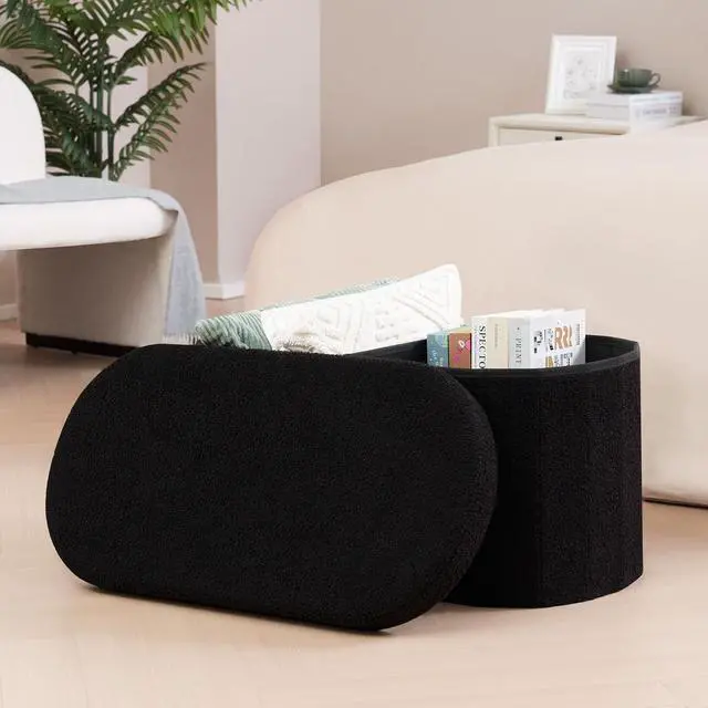 Alt view image 3 of 7 - 30 Inch Sherpa Folding Storage Ottoman Bench, 350LBS Load Capacity Collapsible Foot Rest Stool with 80L Storage Space and Removable Divider, Modern Soft Fabric Bedroom Entryway Furniture, Black