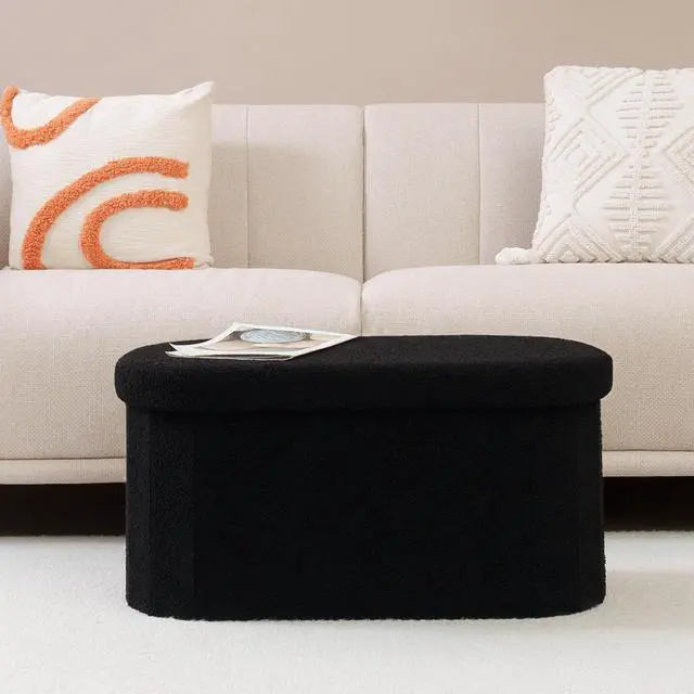 Alt view image 7 of 7 - 30 Inch Sherpa Folding Storage Ottoman Bench, 350LBS Load Capacity Collapsible Foot Rest Stool with 80L Storage Space and Removable Divider, Modern Soft Fabric Bedroom Entryway Furniture, Black