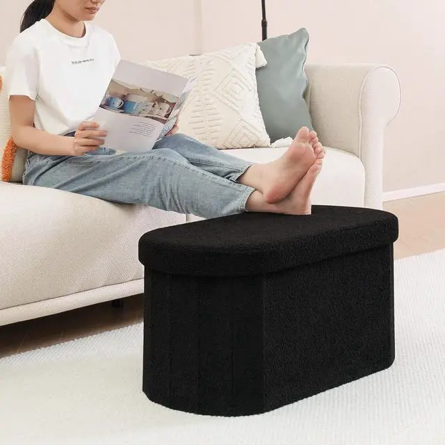Alt view image 6 of 7 - 30 Inch Sherpa Folding Storage Ottoman Bench, 350LBS Load Capacity Collapsible Foot Rest Stool with 80L Storage Space and Removable Divider, Modern Soft Fabric Bedroom Entryway Furniture, Black