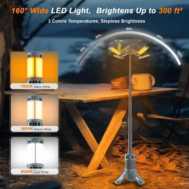 Alt view image 3 of 6 - Rechargeable Telescopic Camping Light with Stand, 12000mAh RGB Camping Lantern with Magnetic Base IPX5 Waterproof Portable Flashlight for Camping Hiking Emergency