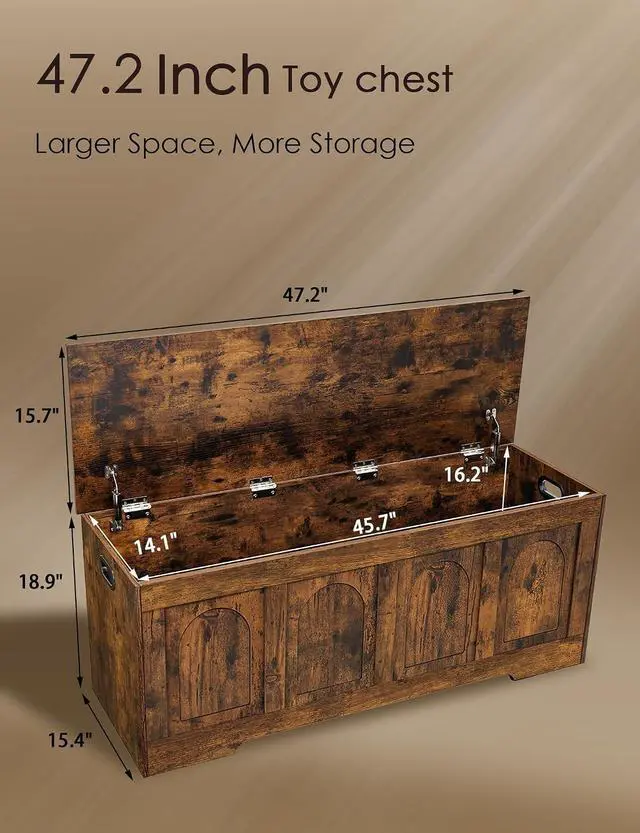 Alt view image 3 of 7 - 47.2 Inch Rustic Brown Wooden Storage Chest Flip-Top Storage Bench with 2 Safety Hinges Cut-Out Handles 330 Lbs Capacity Multifunctional Entryway Shoe Bench for Living Room Bedroom Hallway