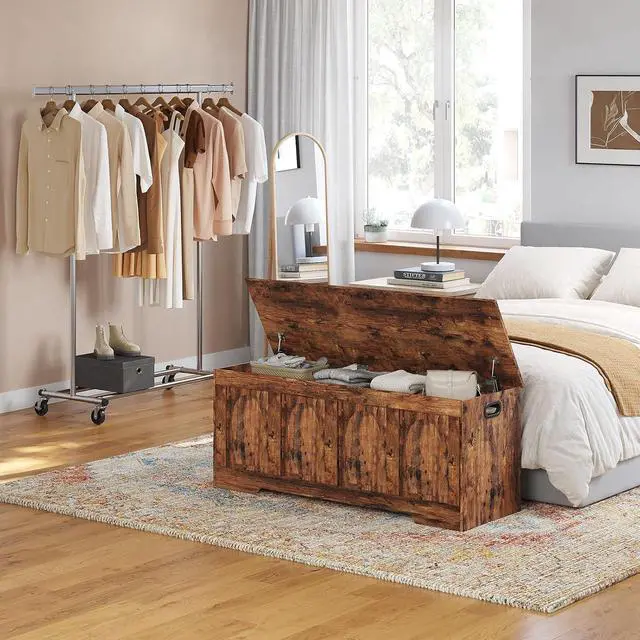 Alt view image 2 of 7 - 47.2 Inch Rustic Brown Wooden Storage Chest Flip-Top Storage Bench with 2 Safety Hinges Cut-Out Handles 330 Lbs Capacity Multifunctional Entryway Shoe Bench for Living Room Bedroom Hallway
