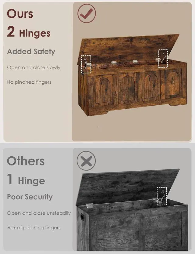 Alt view image 5 of 7 - 47.2 Inch Rustic Brown Wooden Storage Chest Flip-Top Storage Bench with 2 Safety Hinges Cut-Out Handles 330 Lbs Capacity Multifunctional Entryway Shoe Bench for Living Room Bedroom Hallway