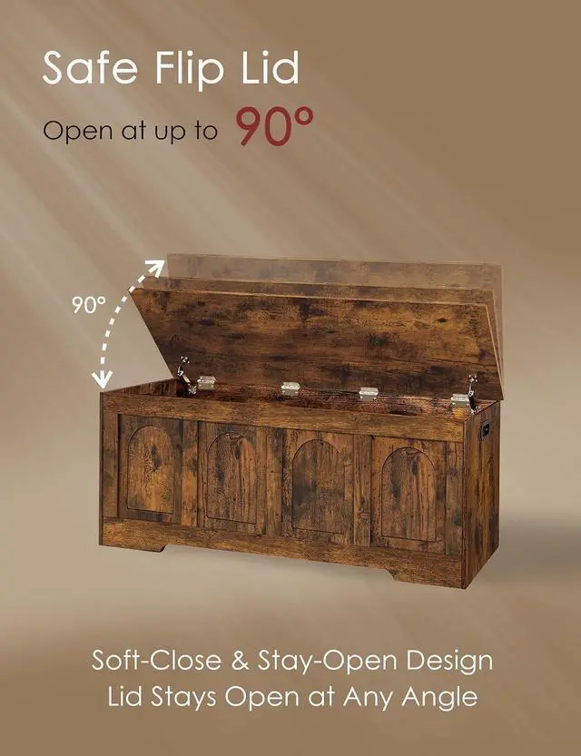Alt view image 4 of 7 - 47.2 Inch Rustic Brown Wooden Storage Chest Flip-Top Storage Bench with 2 Safety Hinges Cut-Out Handles 330 Lbs Capacity Multifunctional Entryway Shoe Bench for Living Room Bedroom Hallway