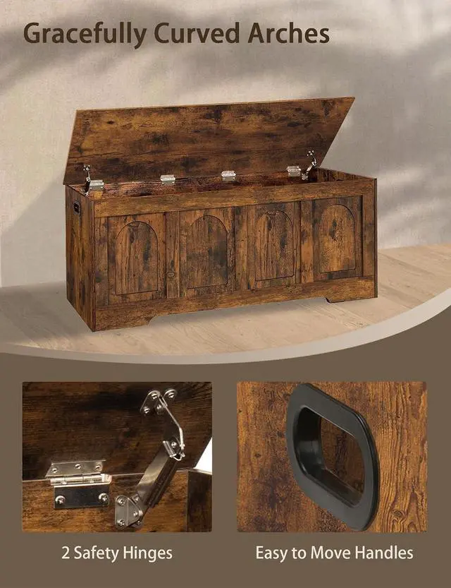 Alt view image 7 of 7 - 47.2 Inch Rustic Brown Wooden Storage Chest Flip-Top Storage Bench with 2 Safety Hinges Cut-Out Handles 330 Lbs Capacity Multifunctional Entryway Shoe Bench for Living Room Bedroom Hallway