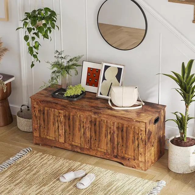 Alt view image 6 of 7 - 47.2 Inch Rustic Brown Wooden Storage Chest Flip-Top Storage Bench with 2 Safety Hinges Cut-Out Handles 330 Lbs Capacity Multifunctional Entryway Shoe Bench for Living Room Bedroom Hallway
