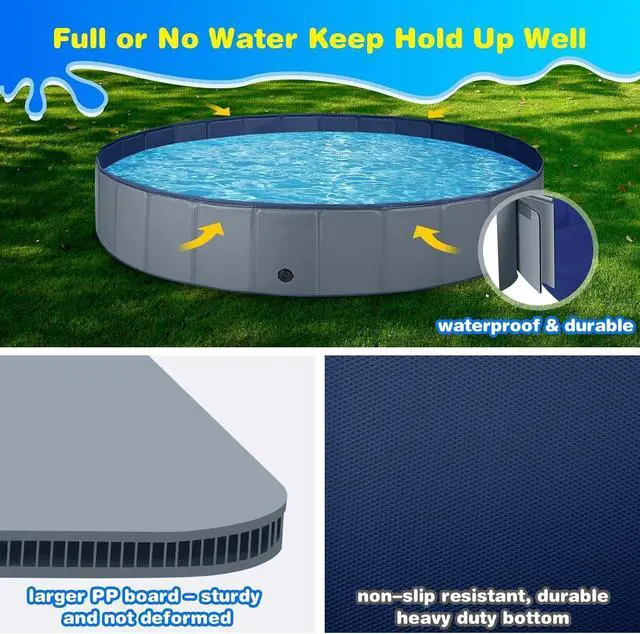 Alt view image 2 of 5 - Foldable Hard Plastic Dog Pool for Large Dogs, Extra Tough PVC & Thick PP Boards, NonSlip Portable Pet Bath Tub & Kiddie Pool for Outdoor Backyard Use