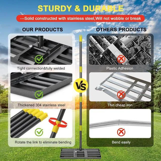Alt view image 3 of 7 - 30"x10" Stainless Steel Lawn Leveling Rake, Heavy Duty Ground Leveler with Reinforced Welds, 28-72 Inch Adjustable Handle, Anti Flipping Smooth Edge for Soil Dirt Golf Yard Landscaping Top Dressing