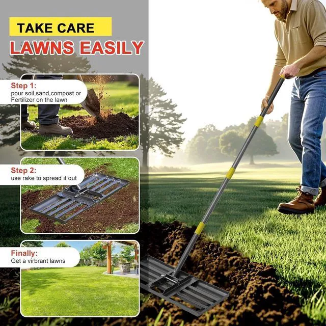 Alt view image 7 of 7 - 30"x10" Stainless Steel Lawn Leveling Rake, Heavy Duty Ground Leveler with Reinforced Welds, 28-72 Inch Adjustable Handle, Anti Flipping Smooth Edge for Soil Dirt Golf Yard Landscaping Top Dressing
