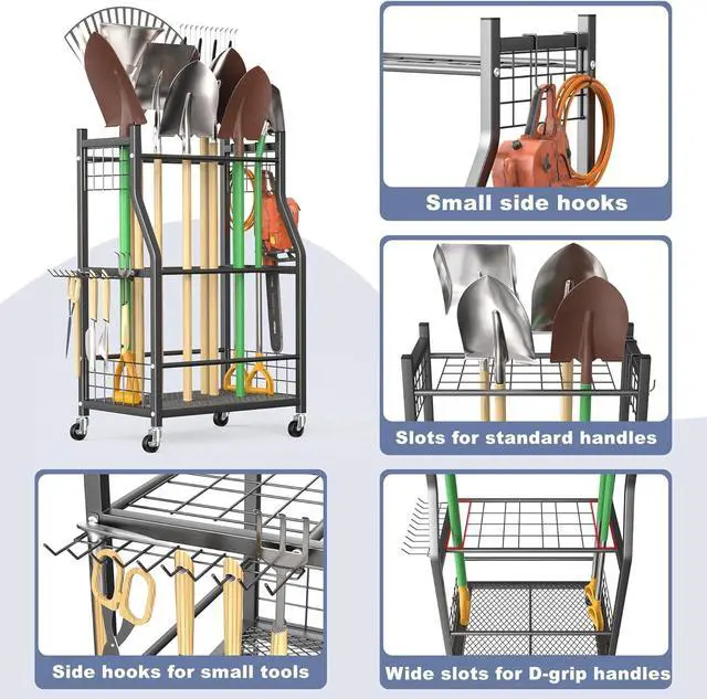 Alt view image 3 of 5 - Rolling Steel Garden Tool Storage Cart, Freestanding Mobile Tool Organizer with Universal Wheels, Multi-Slot Storage Design, Portable Tool Stand for Garage, Shed, Yard Indoor Outdoor Organization