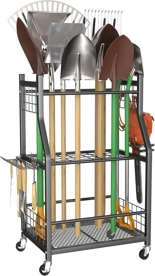 Main image of Rolling Steel Garden Tool Storage Cart, Freestanding Mobile Tool Organizer with Universal Wheels, Multi-Slot Storage Design, Portable Tool Stand for Garage, Shed, Yard Indoor Outdoor Organization
