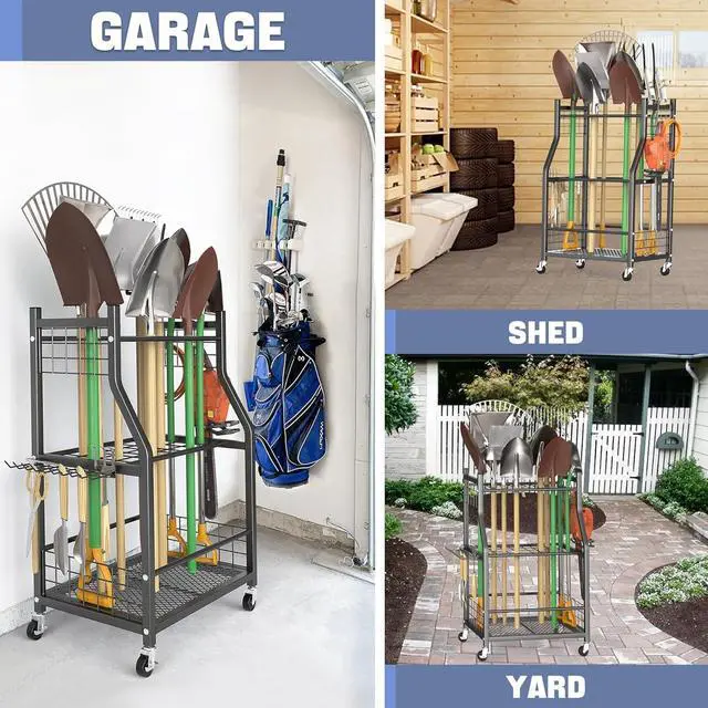 Alt view image 2 of 5 - Rolling Steel Garden Tool Storage Cart, Freestanding Mobile Tool Organizer with Universal Wheels, Multi-Slot Storage Design, Portable Tool Stand for Garage, Shed, Yard Indoor Outdoor Organization