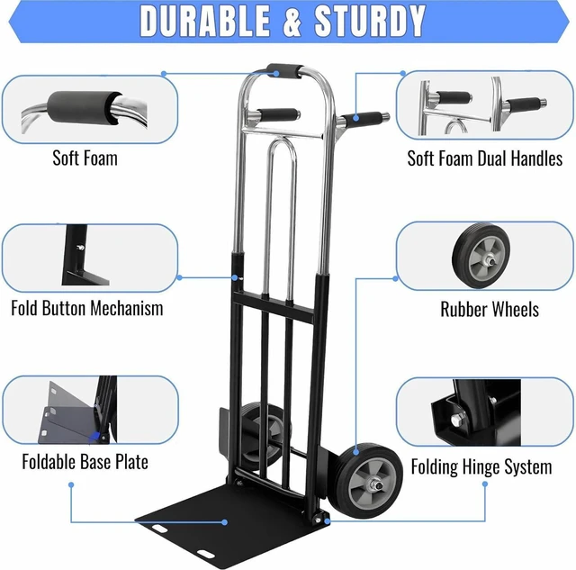 Alt view image 2 of 7 - 600 LB Heavy Duty Folding Hand Dolly Cart Puncture Proof Solid Rubber Wheels Ergonomic Dual Grip Handle Flat Fold Portable Trolley for Warehouse Home Office Shopping Moving
