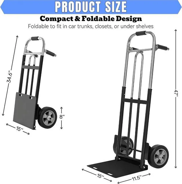 Alt view image 3 of 7 - 600 LB Heavy Duty Folding Hand Dolly Cart Puncture Proof Solid Rubber Wheels Ergonomic Dual Grip Handle Flat Fold Portable Trolley for Warehouse Home Office Shopping Moving