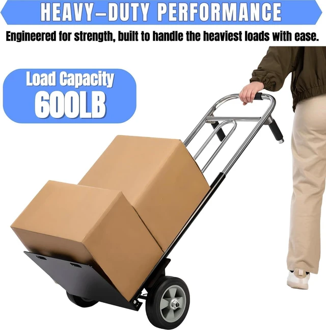 Alt view image 4 of 7 - 600 LB Heavy Duty Folding Hand Dolly Cart Puncture Proof Solid Rubber Wheels Ergonomic Dual Grip Handle Flat Fold Portable Trolley for Warehouse Home Office Shopping Moving