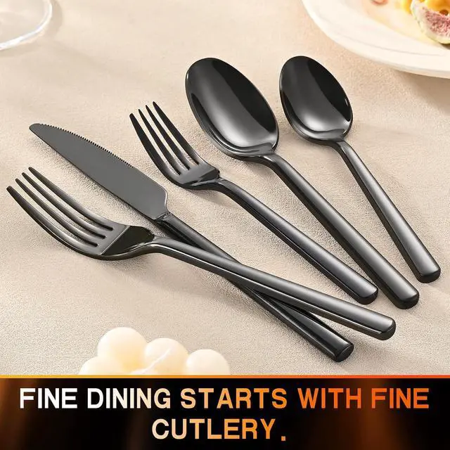 Alt view image 2 of 7 - 40-Piece Black Stainless Steel Flatware Set for 8 People, Heavy Duty 18/0 Stainless Steel Silverware with Modern Round Handle, Mirror Polished Dishwasher Safe Tableware for Home Party Restaurant