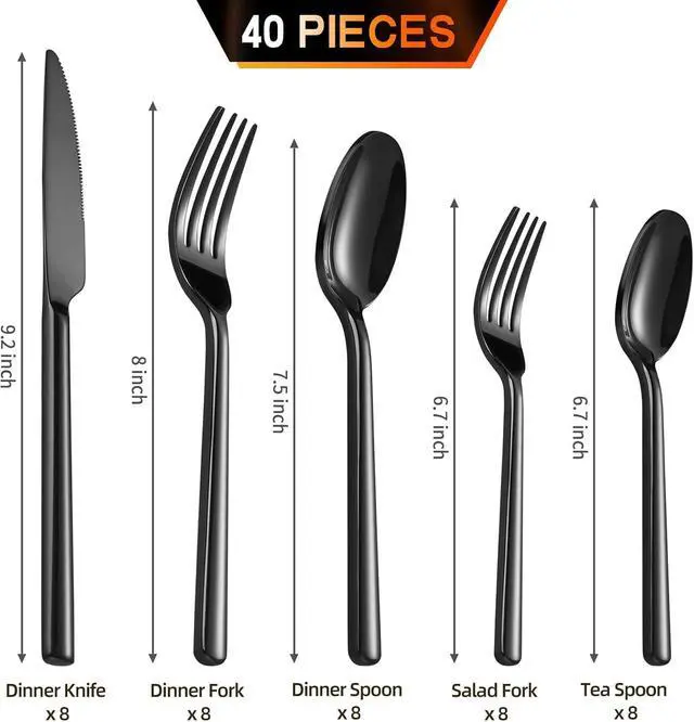 Alt view image 3 of 7 - 40-Piece Black Stainless Steel Flatware Set for 8 People, Heavy Duty 18/0 Stainless Steel Silverware with Modern Round Handle, Mirror Polished Dishwasher Safe Tableware for Home Party Restaurant