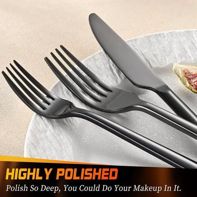 Alt view image 6 of 7 - 40-Piece Black Stainless Steel Flatware Set for 8 People, Heavy Duty 18/0 Stainless Steel Silverware with Modern Round Handle, Mirror Polished Dishwasher Safe Tableware for Home Party Restaurant