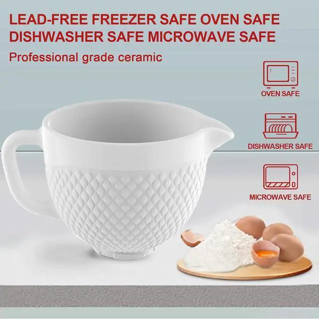 Alt view image 3 of 6 - 5 Quart White Ceramic Replacement Mixer Bowl, Compatible with 4.5-5Qt Tilt-Head Stand Mixers, with Ergonomic Handle and Pour Spout, Oven Microwave Freezer Dishwasher Safe for Baking Prep