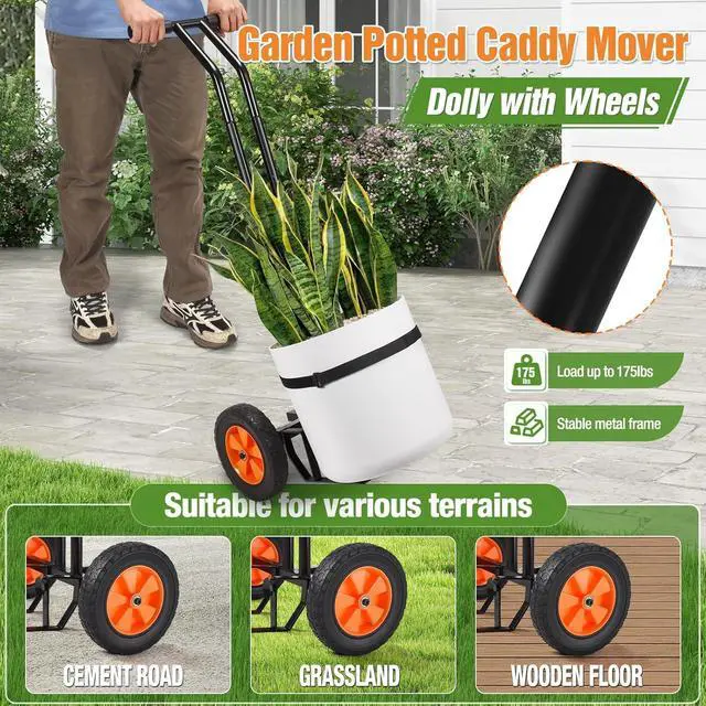 Alt view image 2 of 7 - Heavy Duty Wheeled Plant Caddy Dolly with Adjustable Gripping Arm, Secure Strap and Suction Cups, 175 LBS Capacity T Handle Pot Mover for Indoor Outdoor Flower Pots and Gardening Transport