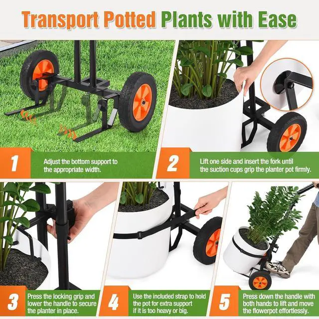 Alt view image 5 of 7 - Heavy Duty Wheeled Plant Caddy Dolly with Adjustable Gripping Arm, Secure Strap and Suction Cups, 175 LBS Capacity T Handle Pot Mover for Indoor Outdoor Flower Pots and Gardening Transport