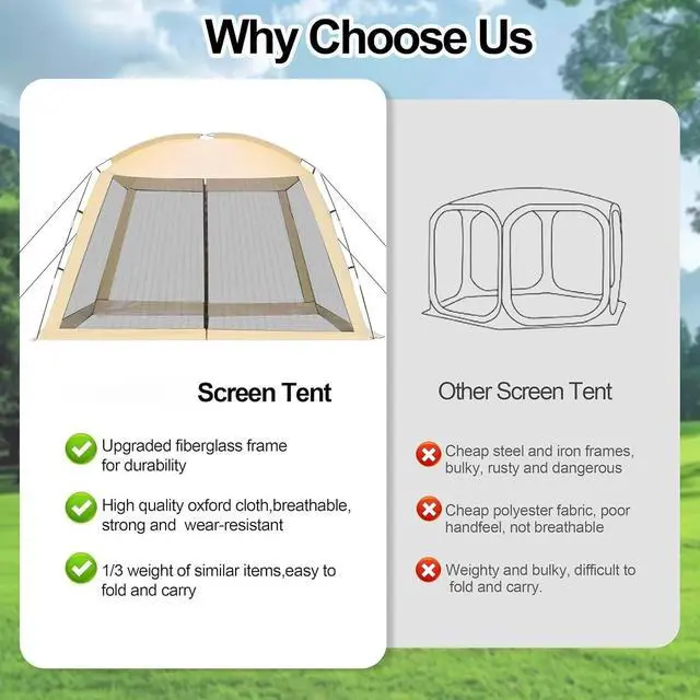 Alt view image 4 of 7 - 12'x12' Portable Camping Screen Tent with UV Protection, 8-10 Person Instant Screen Canopy with Mosquito Net and Waterproof Design for Family Camping Backyard Picnic