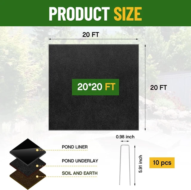 Alt view image 2 of 7 - 20 x 20 FT 6oz Heavy Duty Non Woven Geotextile Pond Underlayment Fabric, Protective Liner Underlay with 10 U-Pins, Weed Barrier Cushion for Outdoor Ponds, Streams, Fountains and Garden Waterfalls