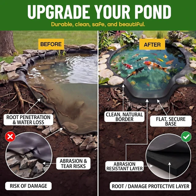 Alt view image 6 of 7 - 20 x 20 FT 6oz Heavy Duty Non Woven Geotextile Pond Underlayment Fabric, Protective Liner Underlay with 10 U-Pins, Weed Barrier Cushion for Outdoor Ponds, Streams, Fountains and Garden Waterfalls