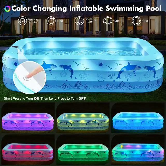 Alt view image 2 of 7 - 2026 Upgrade Solar Inflatable Pool with LED Lights, 100" X 63" X 20" Large Blow Up Pool, 0.35mm Thickened PVC, 3 Air Chambers, Durable Inflatable Swimming Pool for Adults, Backyard, Light Blue