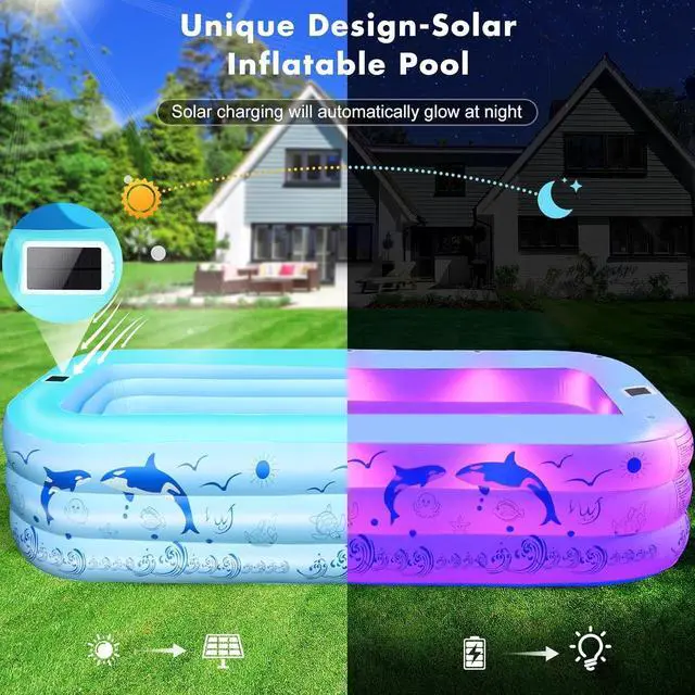 Alt view image 3 of 7 - 2026 Upgrade Solar Inflatable Pool with LED Lights, 100" X 63" X 20" Large Blow Up Pool, 0.35mm Thickened PVC, 3 Air Chambers, Durable Inflatable Swimming Pool for Adults, Backyard, Light Blue