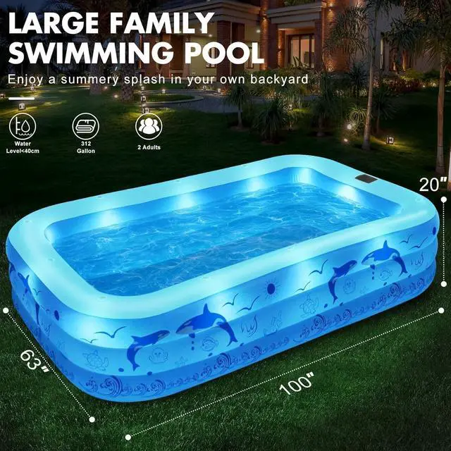Alt view image 4 of 7 - 2026 Upgrade Solar Inflatable Pool with LED Lights, 100" X 63" X 20" Large Blow Up Pool, 0.35mm Thickened PVC, 3 Air Chambers, Durable Inflatable Swimming Pool for Adults, Backyard, Light Blue