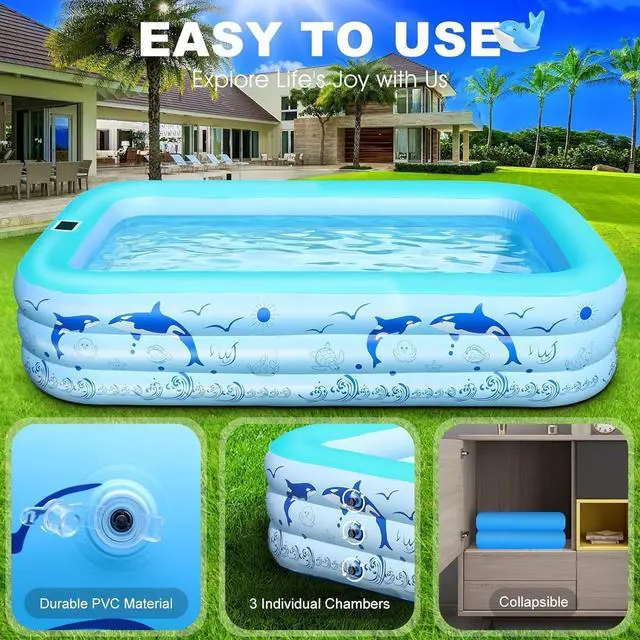 Alt view image 6 of 7 - 2026 Upgrade Solar Inflatable Pool with LED Lights, 100" X 63" X 20" Large Blow Up Pool, 0.35mm Thickened PVC, 3 Air Chambers, Durable Inflatable Swimming Pool for Adults, Backyard, Light Blue
