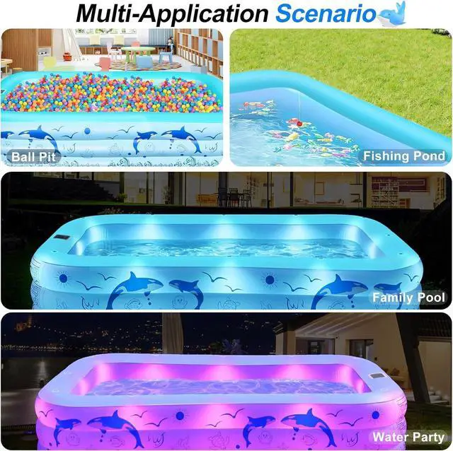 Alt view image 7 of 7 - 2026 Upgrade Solar Inflatable Pool with LED Lights, 100" X 63" X 20" Large Blow Up Pool, 0.35mm Thickened PVC, 3 Air Chambers, Durable Inflatable Swimming Pool for Adults, Backyard, Light Blue