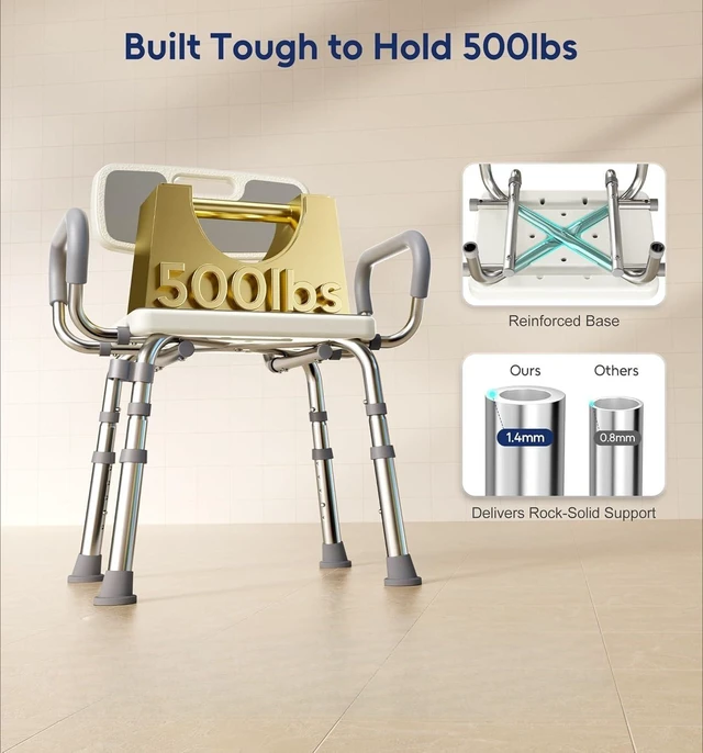 Alt view image 2 of 6 - Shower Chair with Arms and Back, 500lbs Capacity, Height Adjustable Shower Seat with Thickened Frame for Seniors, Elderly, Disabled