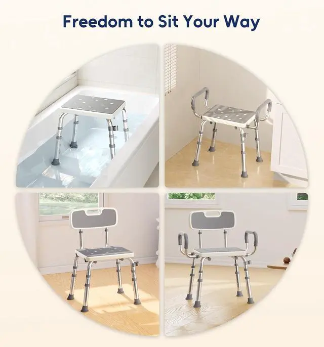 Alt view image 4 of 6 - Shower Chair with Arms and Back, 500lbs Capacity, Height Adjustable Shower Seat with Thickened Frame for Seniors, Elderly, Disabled