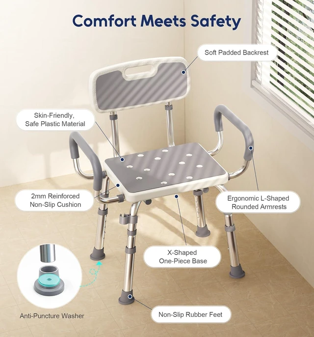 Alt view image 5 of 6 - Shower Chair with Arms and Back, 500lbs Capacity, Height Adjustable Shower Seat with Thickened Frame for Seniors, Elderly, Disabled