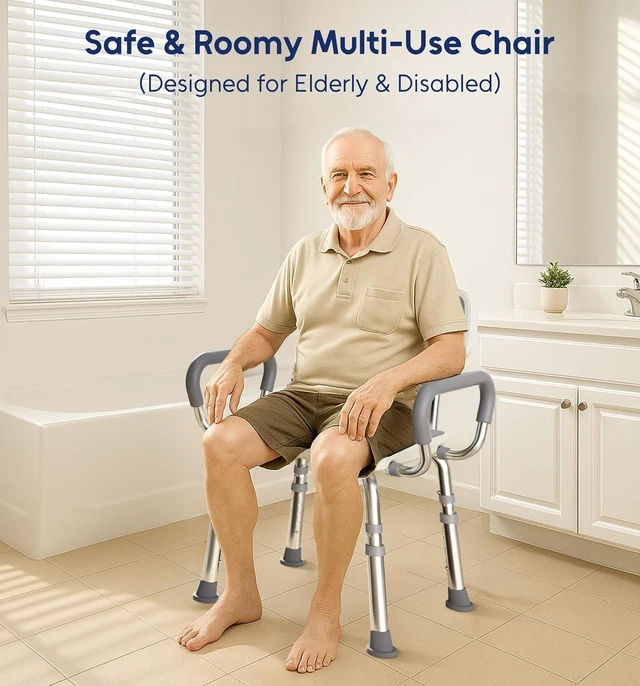 Alt view image 6 of 6 - Shower Chair with Arms and Back, 500lbs Capacity, Height Adjustable Shower Seat with Thickened Frame for Seniors, Elderly, Disabled