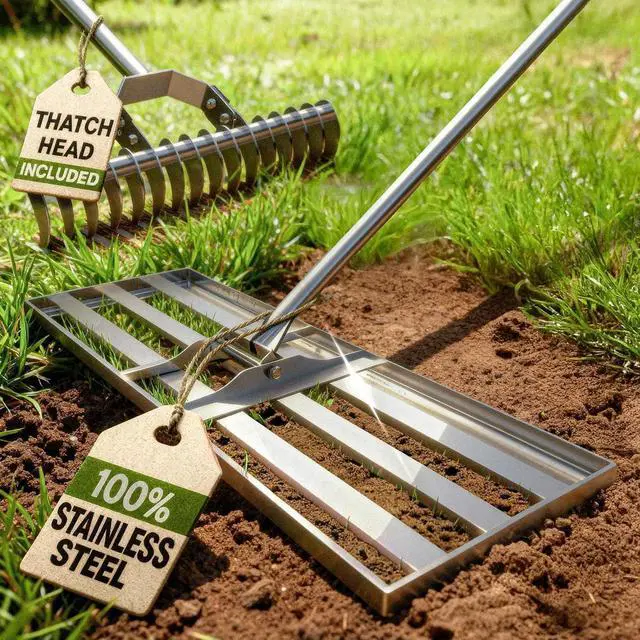 Main image of 30 Inch Stainless Steel Lawn Leveling and Thatch Rake, Heavy Duty Ground Leveler Tool for Yard Soil Sand Grass Gravel, Ideal for Golf Course Grading and Landscape Maintenance