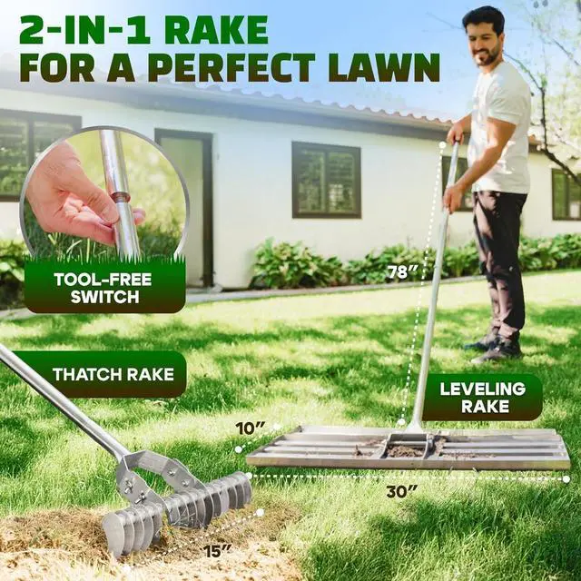 Alt view image 2 of 7 - 30 Inch Stainless Steel Lawn Leveling and Thatch Rake, Heavy Duty Ground Leveler Tool for Yard Soil Sand Grass Gravel, Ideal for Golf Course Grading and Landscape Maintenance