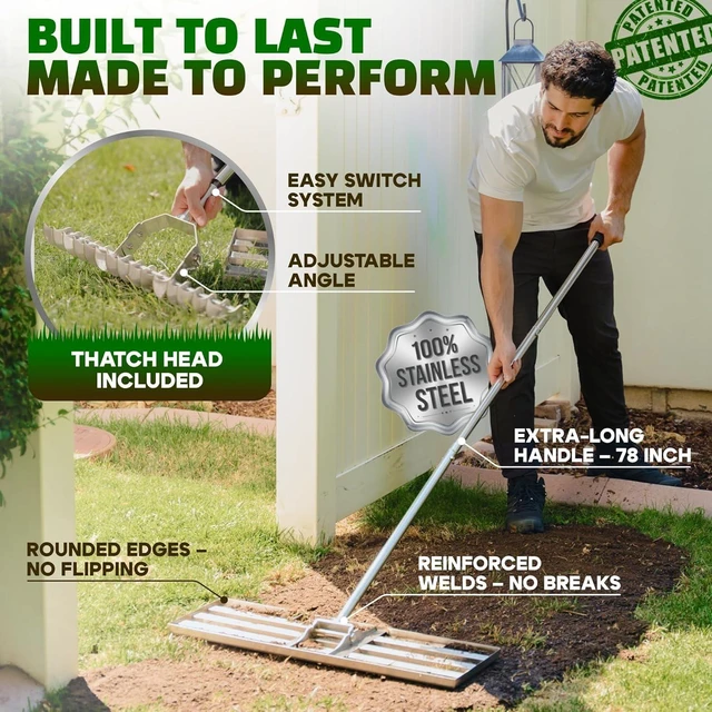 Alt view image 3 of 7 - 30 Inch Stainless Steel Lawn Leveling and Thatch Rake, Heavy Duty Ground Leveler Tool for Yard Soil Sand Grass Gravel, Ideal for Golf Course Grading and Landscape Maintenance