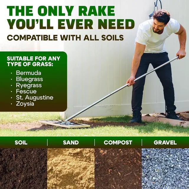 Alt view image 7 of 7 - 30 Inch Stainless Steel Lawn Leveling and Thatch Rake, Heavy Duty Ground Leveler Tool for Yard Soil Sand Grass Gravel, Ideal for Golf Course Grading and Landscape Maintenance