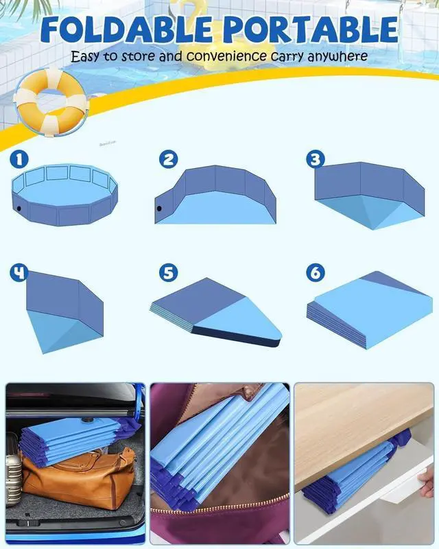 Alt view image 5 of 6 - 87"x12" Blue Foldable Dog Pool, Portable PVC Collapsible Hard Plastic Pet Swimming Bathtub, with Drainage Valve & Storage Bag for Outdoor Indoor Use
