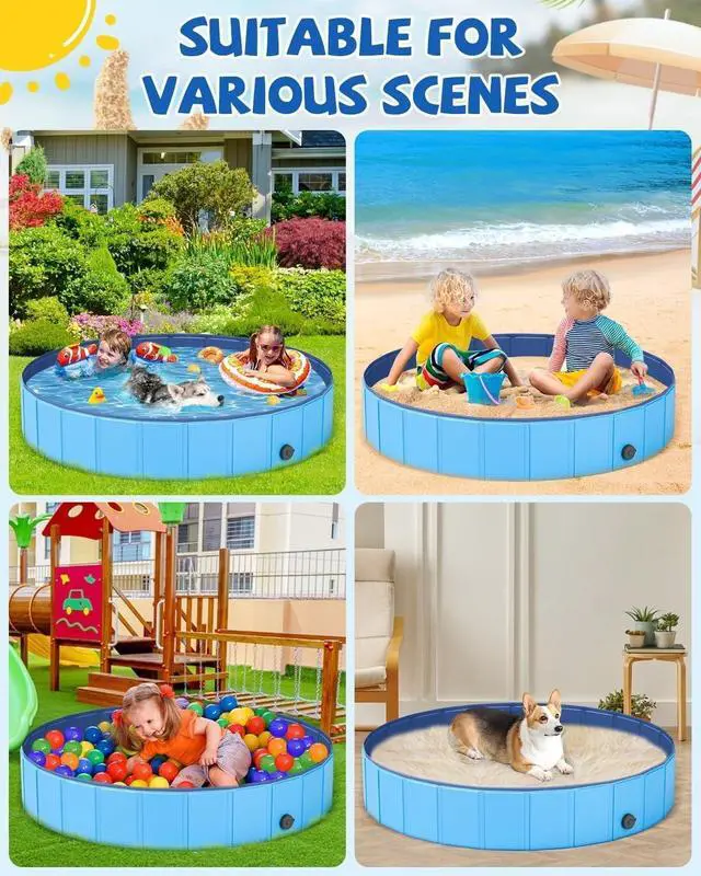 Alt view image 6 of 6 - 87"x12" Blue Foldable Dog Pool, Portable PVC Collapsible Hard Plastic Pet Swimming Bathtub, with Drainage Valve & Storage Bag for Outdoor Indoor Use